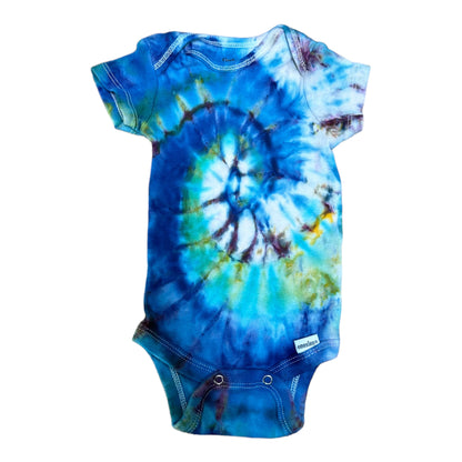 0-3 Months Yellow Green and Blue Spiral Ice Dye Tie Dye Onesie