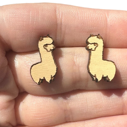 Natural Hypoallergenic Laser Engraved Llama Wood Stud Earrings