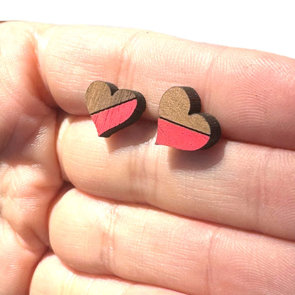 Hypoallergenic Hand Painted Red Heart Laser Engraved Wood Stud Earrings