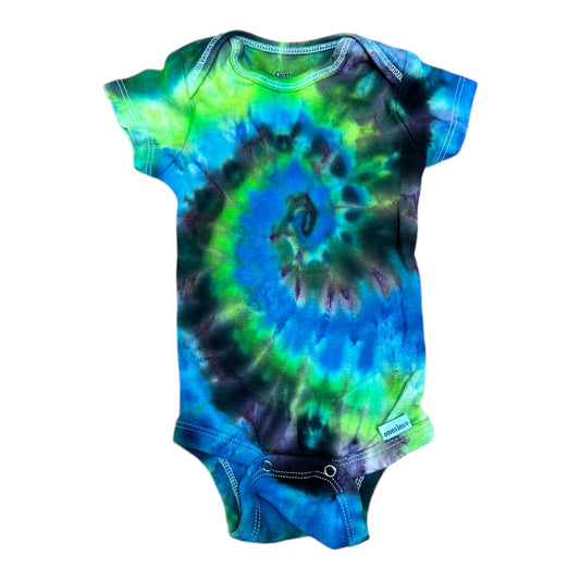 0-3 Months Lime Green Black and Blue Spiral Ice Dye Tie Dye Onesie