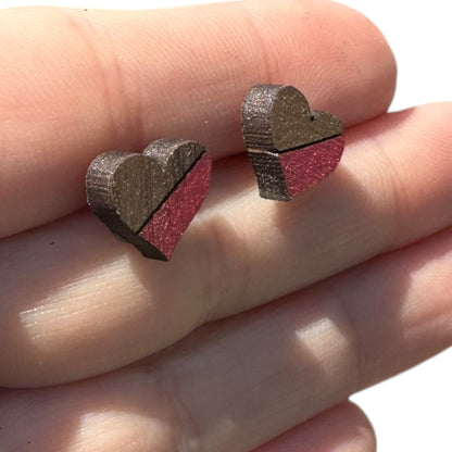 Hypoallergenic Hand Painted Red Heart Laser Engraved Wood Stud Earrings