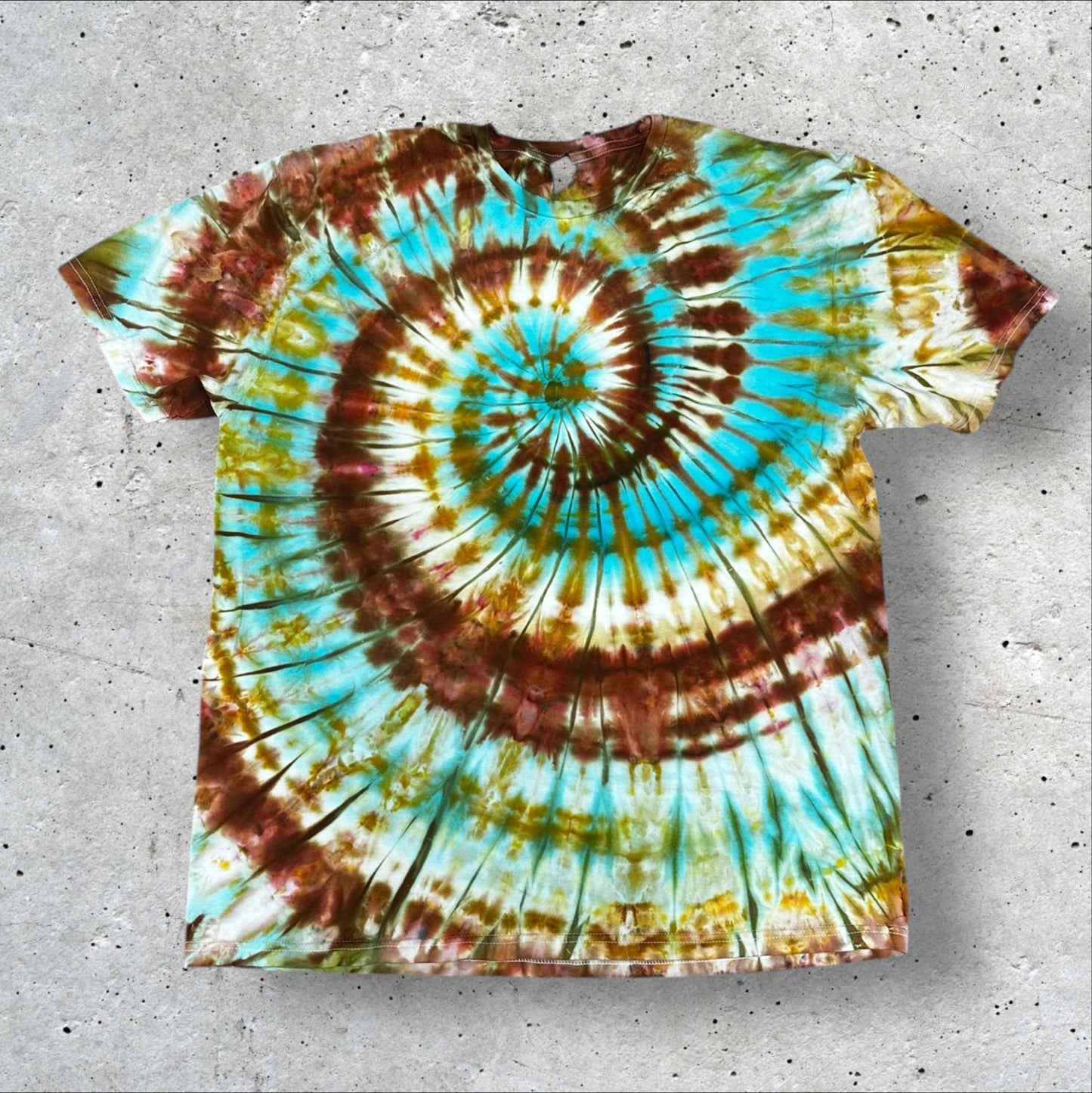 Adult XL Brown Blue and Gold Spiral Ice Dye Tie Dye Shirt