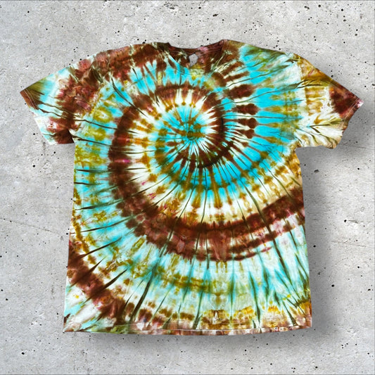 Adult XL Brown Blue and Gold Spiral Ice Dye Tie Dye Shirt