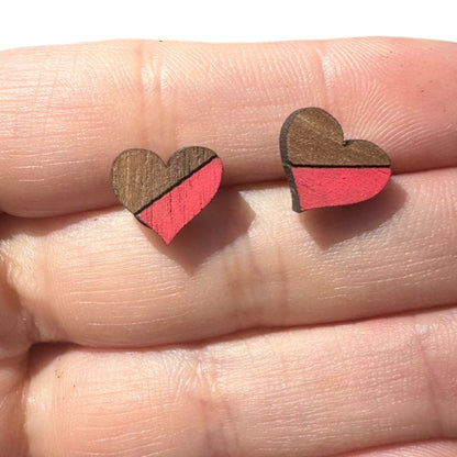 Hypoallergenic Hand Painted Red Heart Laser Engraved Wood Stud Earrings