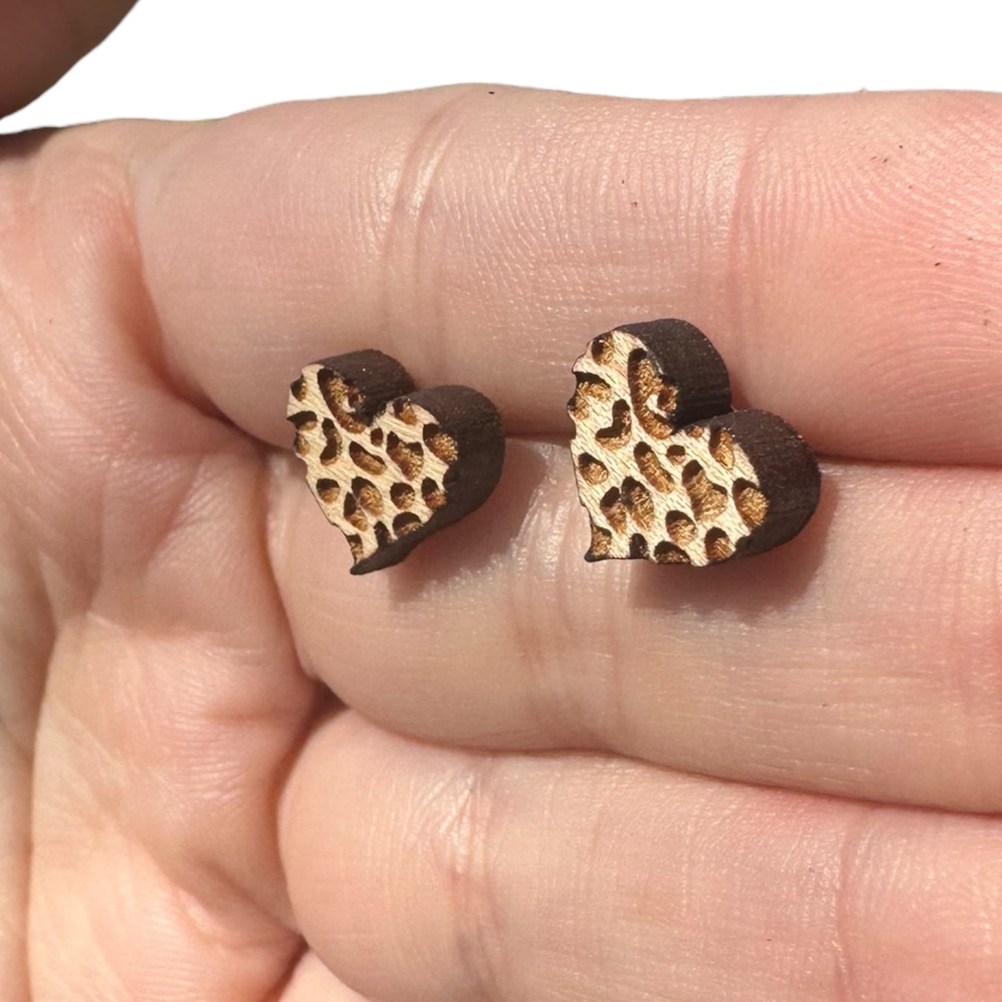 Natural Hypoallergenic Leopard Heart Wood Laser Engraved Wood Earrings