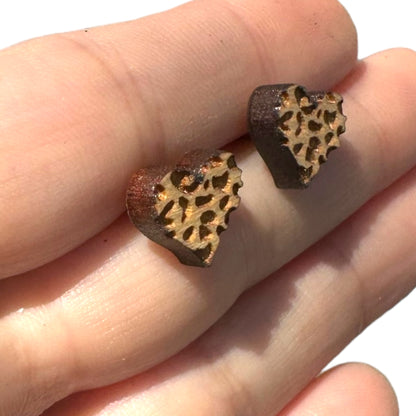 Natural Hypoallergenic Leopard Heart Wood Laser Engraved Wood Earrings