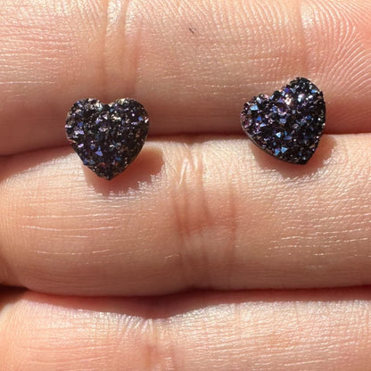 8MM Hypoallergenic Purple Heart Druzy Earring Studs