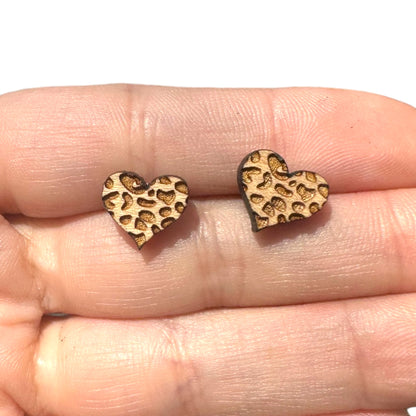 Natural Hypoallergenic Leopard Heart Wood Laser Engraved Wood Earrings