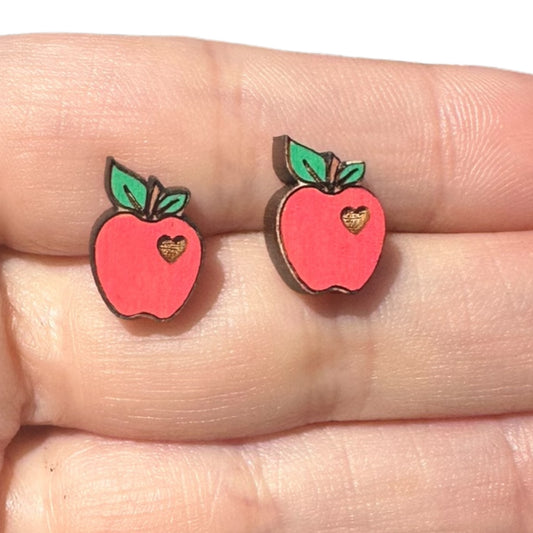 Hypoallergenic Hand Painted Apple with Heart Laser Engraved Wood Stud Earrings