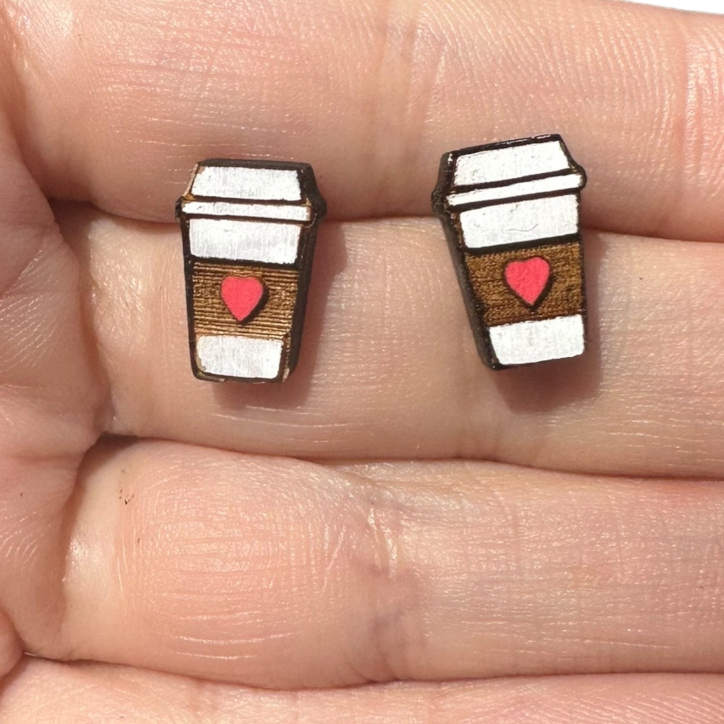 Hypoallergenic Hand Painted Starbucks Cup with Heart Laser Engraved Wood Stud Earrings