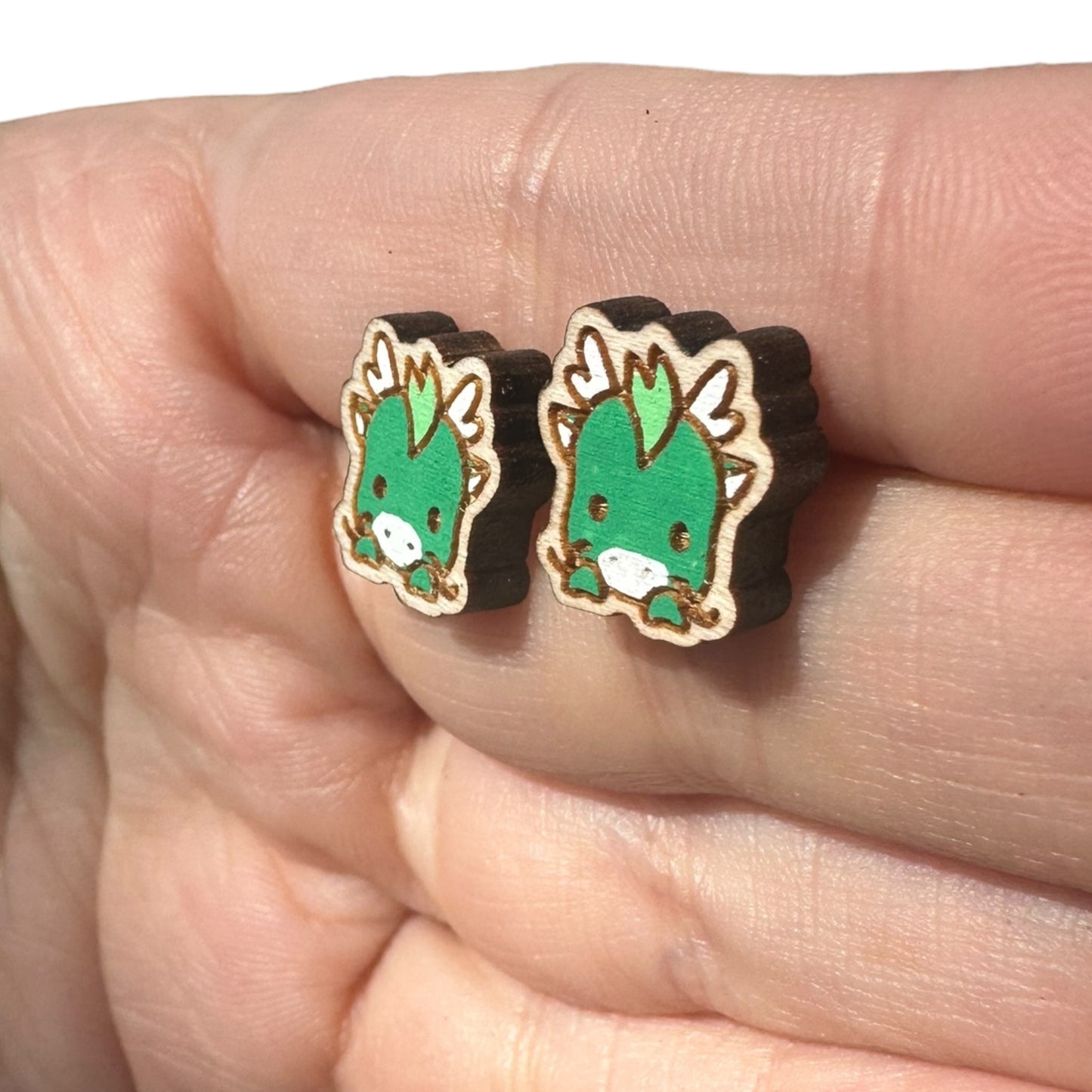 Hypoallergenic Hand Painted Dinosaur Laser Engraved Wood Stud Earrings