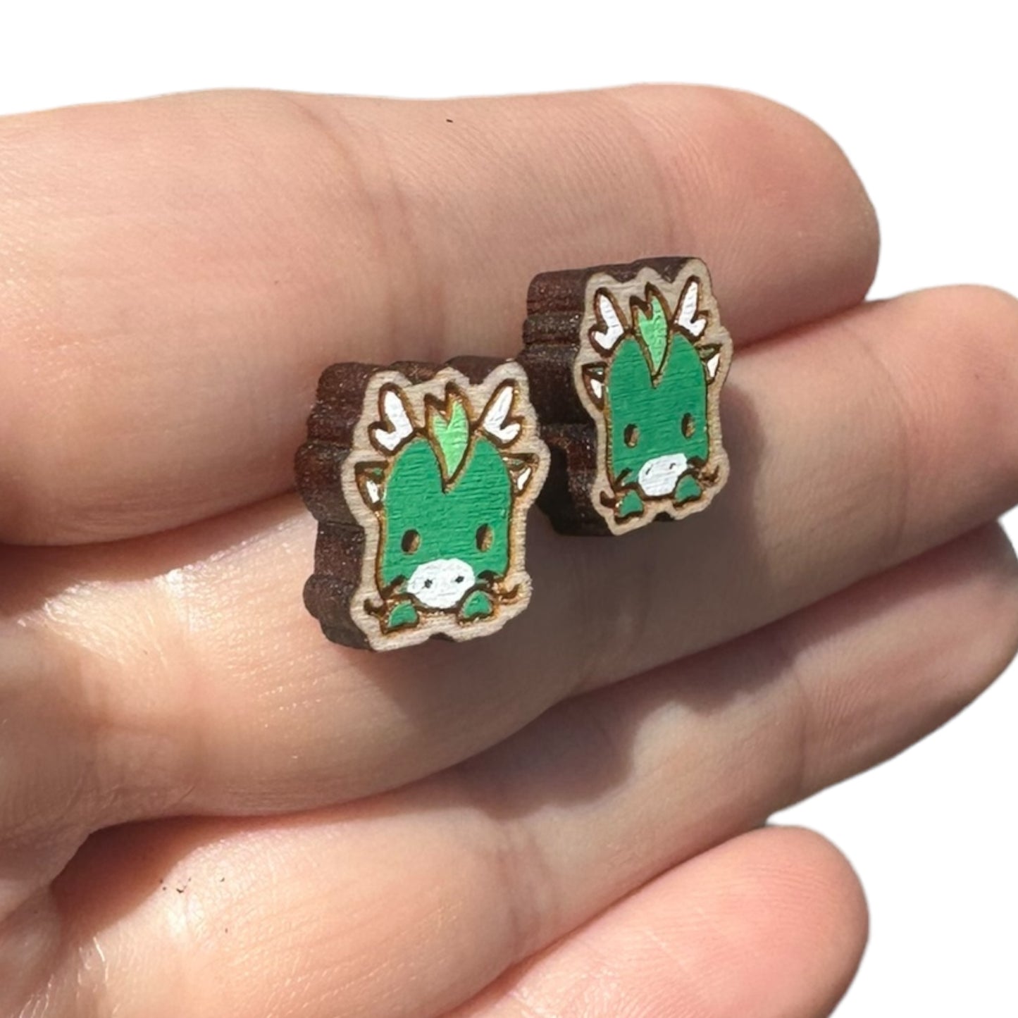 Hypoallergenic Hand Painted Dinosaur Laser Engraved Wood Stud Earrings