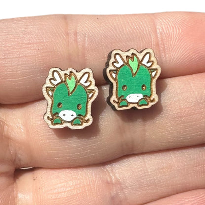 Hypoallergenic Hand Painted Dinosaur Laser Engraved Wood Stud Earrings