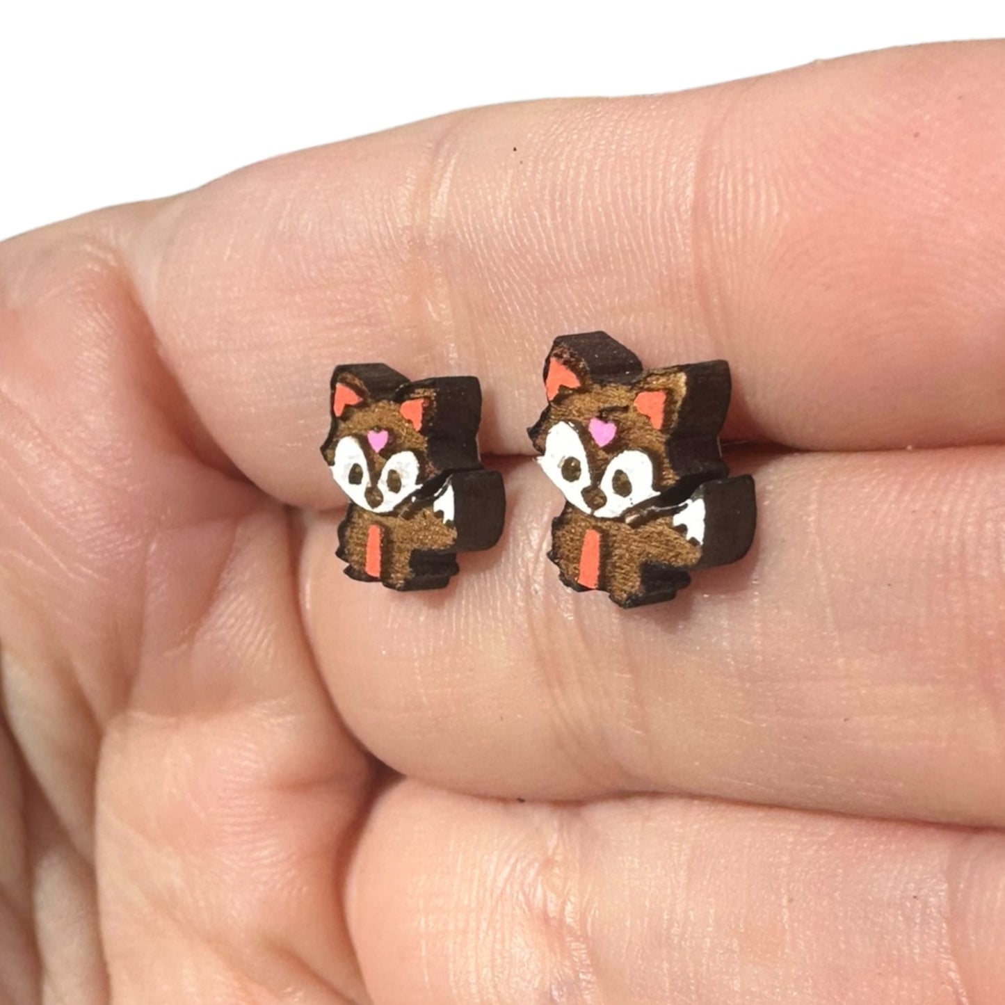 Hypoallergenic Hand Painted Fox Laser Engraved Wood Stud Earrings