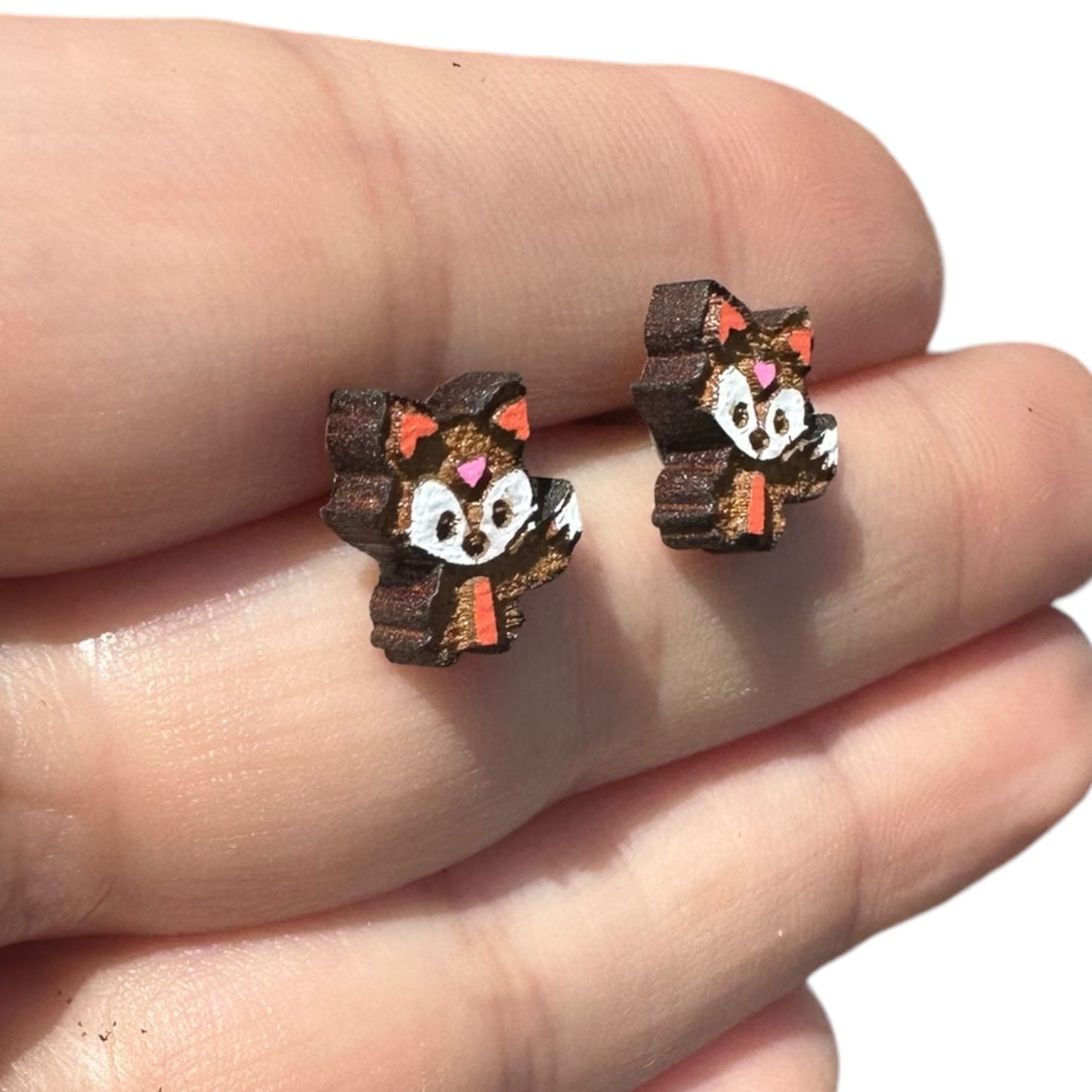 Hypoallergenic Hand Painted Fox Laser Engraved Wood Stud Earrings