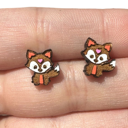 Hypoallergenic Hand Painted Fox Laser Engraved Wood Stud Earrings