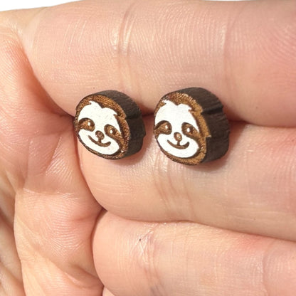 Hypoallergenic Hand Painted Sloth Laser Engraved Wood Stud Earrings