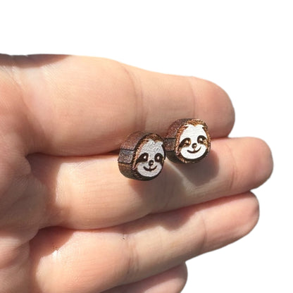 Hypoallergenic Hand Painted Sloth Laser Engraved Wood Stud Earrings