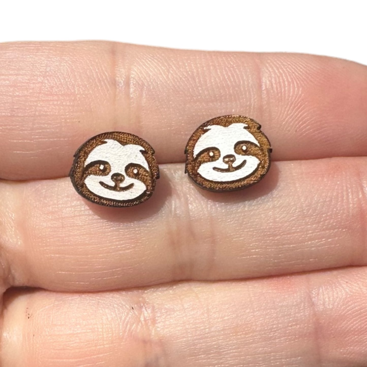 Hypoallergenic Hand Painted Sloth Laser Engraved Wood Stud Earrings