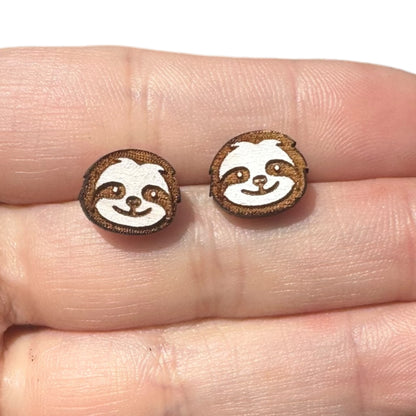 Hypoallergenic Hand Painted Sloth Laser Engraved Wood Stud Earrings