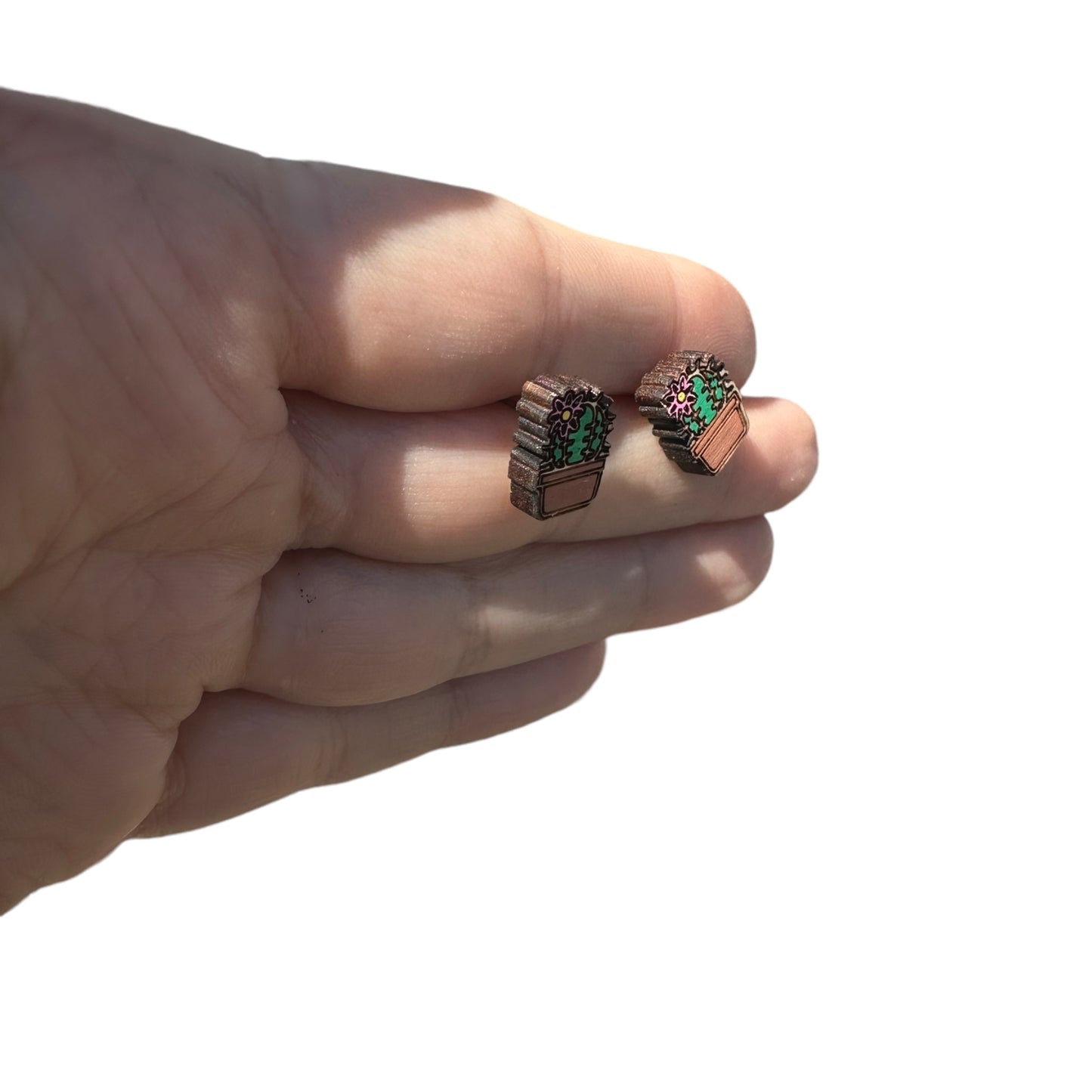 Hypoallergenic Hand Painted Cactus and Flower Laser Engraved Wood Stud Earrings