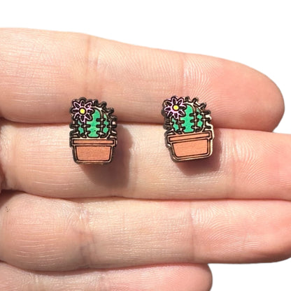 Hypoallergenic Hand Painted Cactus and Flower Laser Engraved Wood Stud Earrings