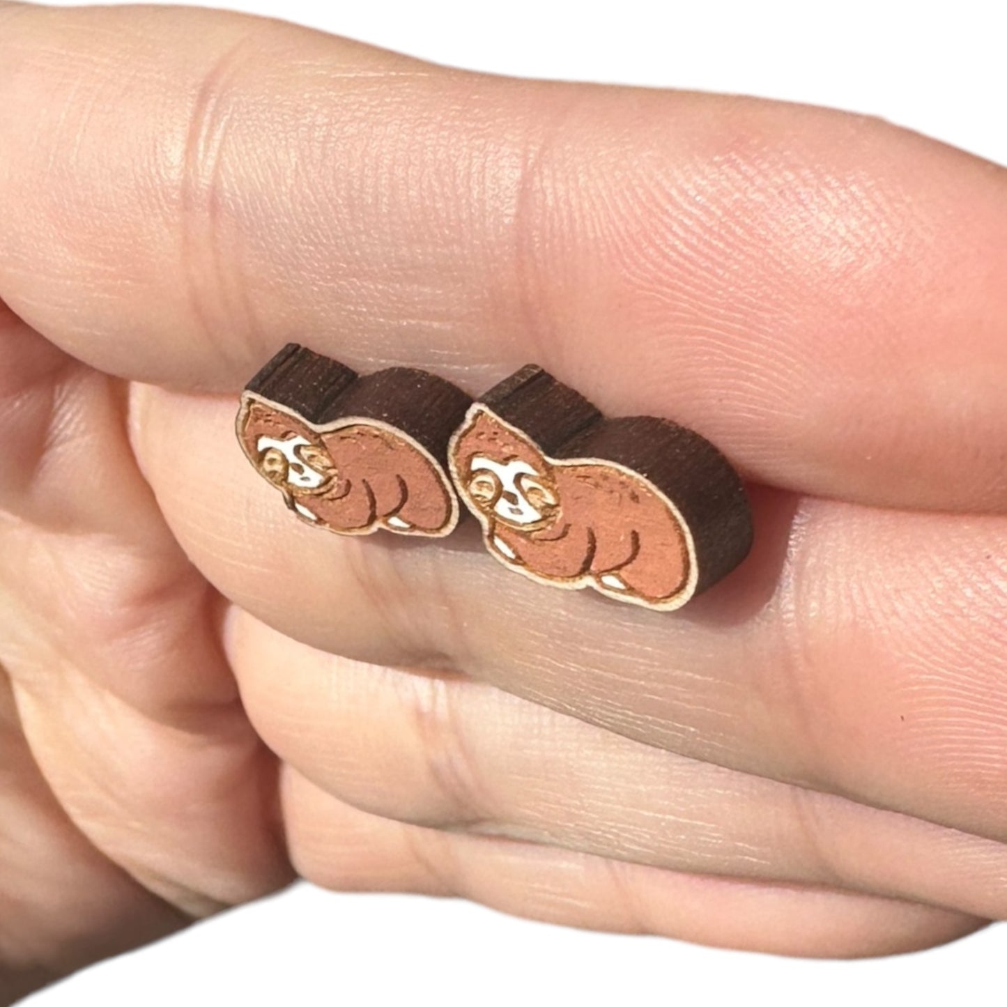 Hypoallergenic Hand Painted Sloth Laser Engraved Wood Stud Earrings