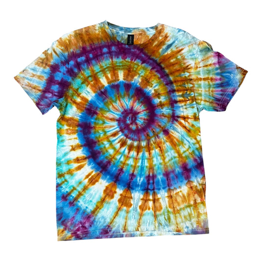 Adult Medium Yellow Green Blue and Purple Spiral Ice Dye Tie Dye Shirt