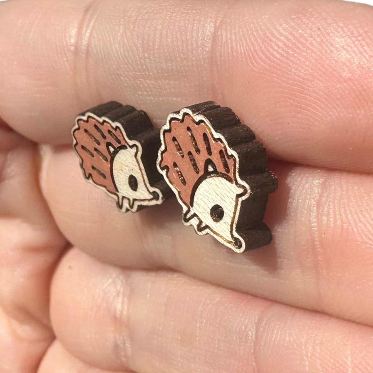 Hypoallergenic Hand Painted Hedgehog Laser Engraved Wood Stud Earrings