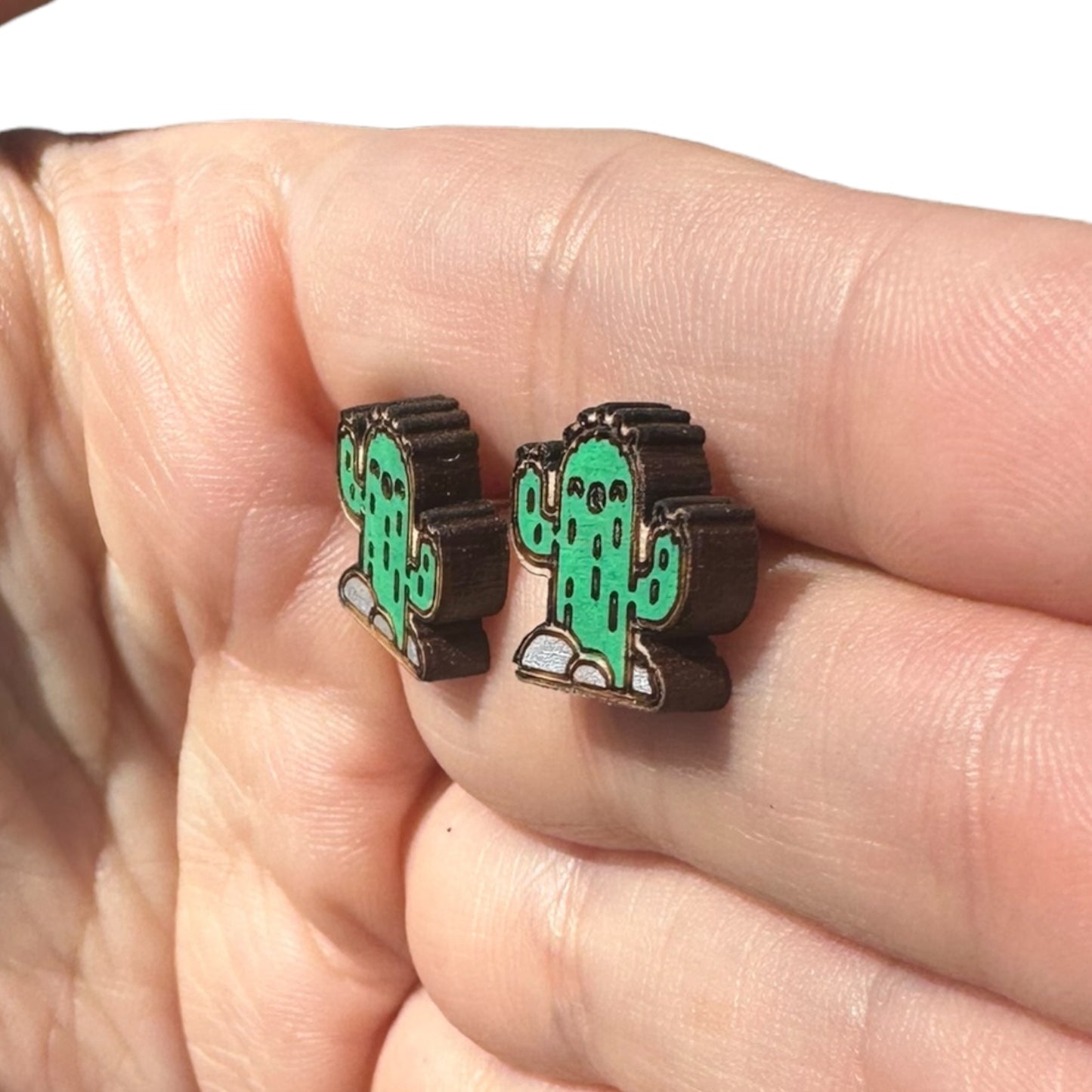 Hypoallergenic Hand Painted Cactus and Rocks Laser Engraved Wood Stud Earrings