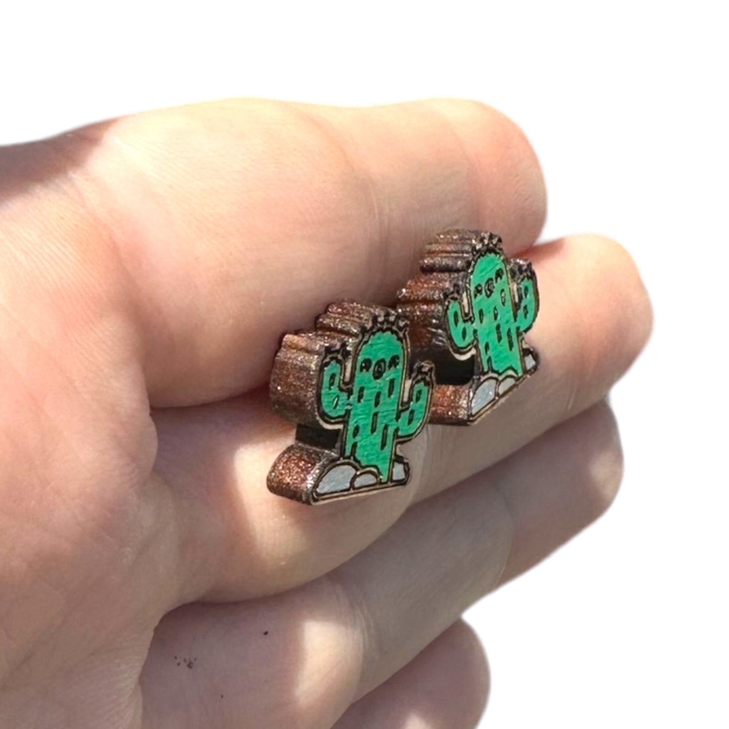 Hypoallergenic Hand Painted Cactus and Rocks Laser Engraved Wood Stud Earrings