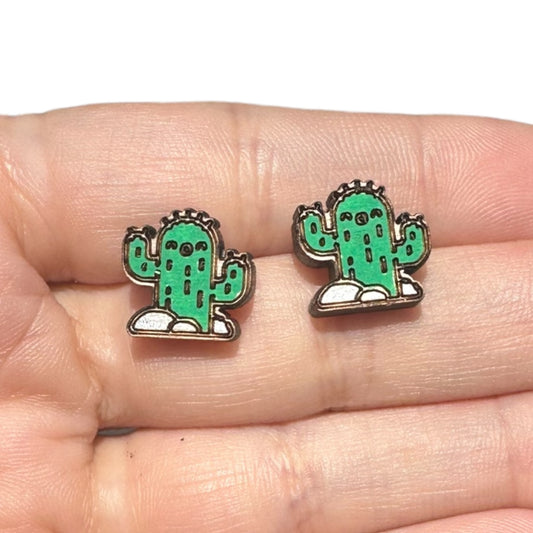 Hypoallergenic Hand Painted Cactus and Rocks Laser Engraved Wood Stud Earrings