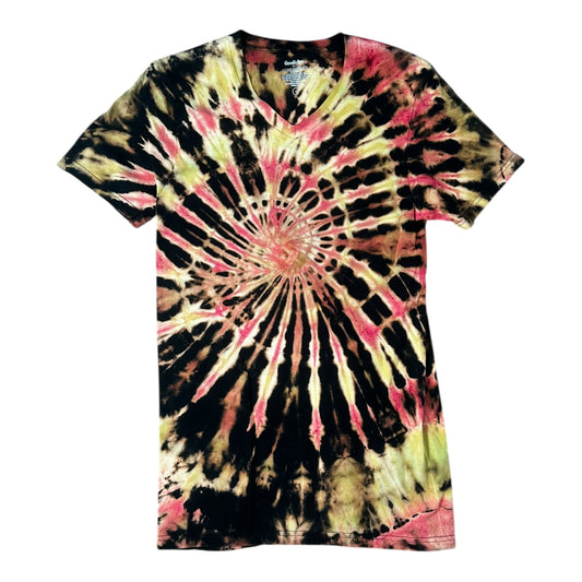 Adult Small Yellow and Red Spiral Reverse Dye Tie Dye Shirt