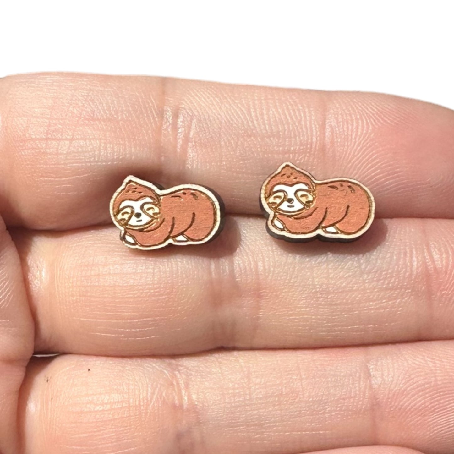 Hypoallergenic Hand Painted Sloth Laser Engraved Wood Stud Earrings