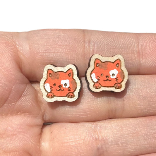 Hypoallergenic Hand Painted Cat Laser Engraved Wood Stud Earrings