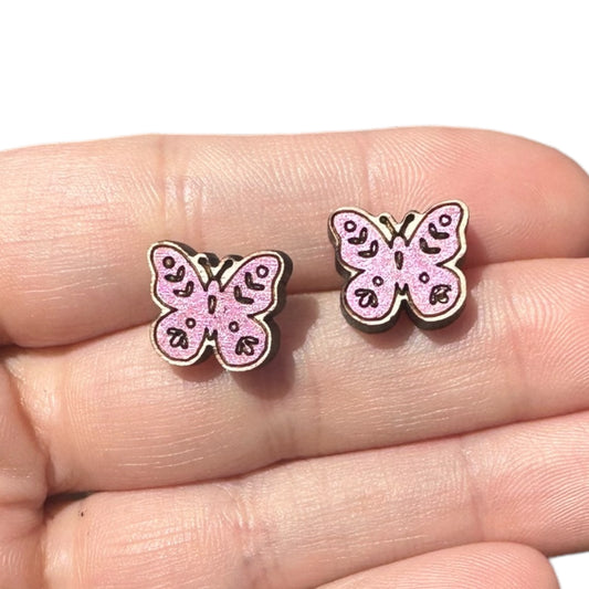 Hypoallergenic Hand Painted Metallic Purple Butterfly Laser Engraved Wood Stud Earrings