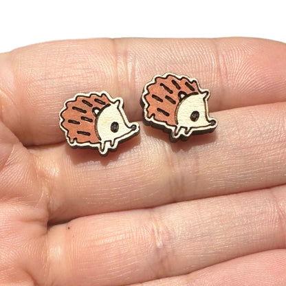 Hypoallergenic Hand Painted Hedgehog Laser Engraved Wood Stud Earrings