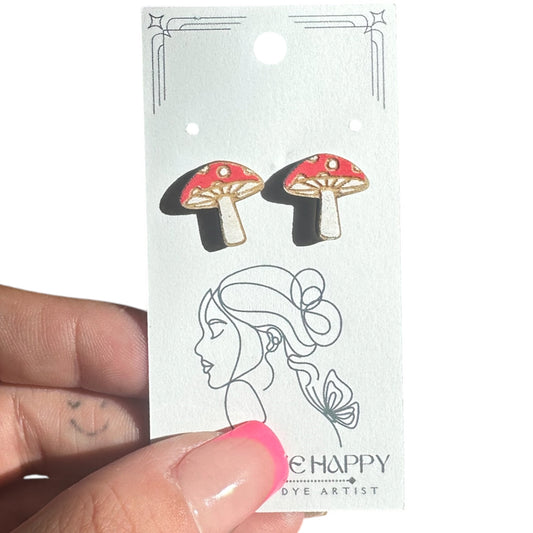 Hypoallergenic Hand Painted Mushroom Laser Engraved Wood Stud Earrings