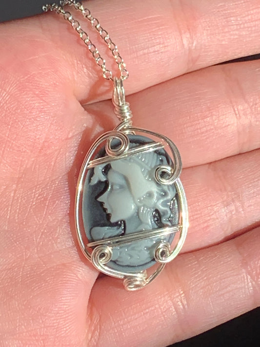 Sterling Silver Black and White Vintage Antique Cameo Pendant