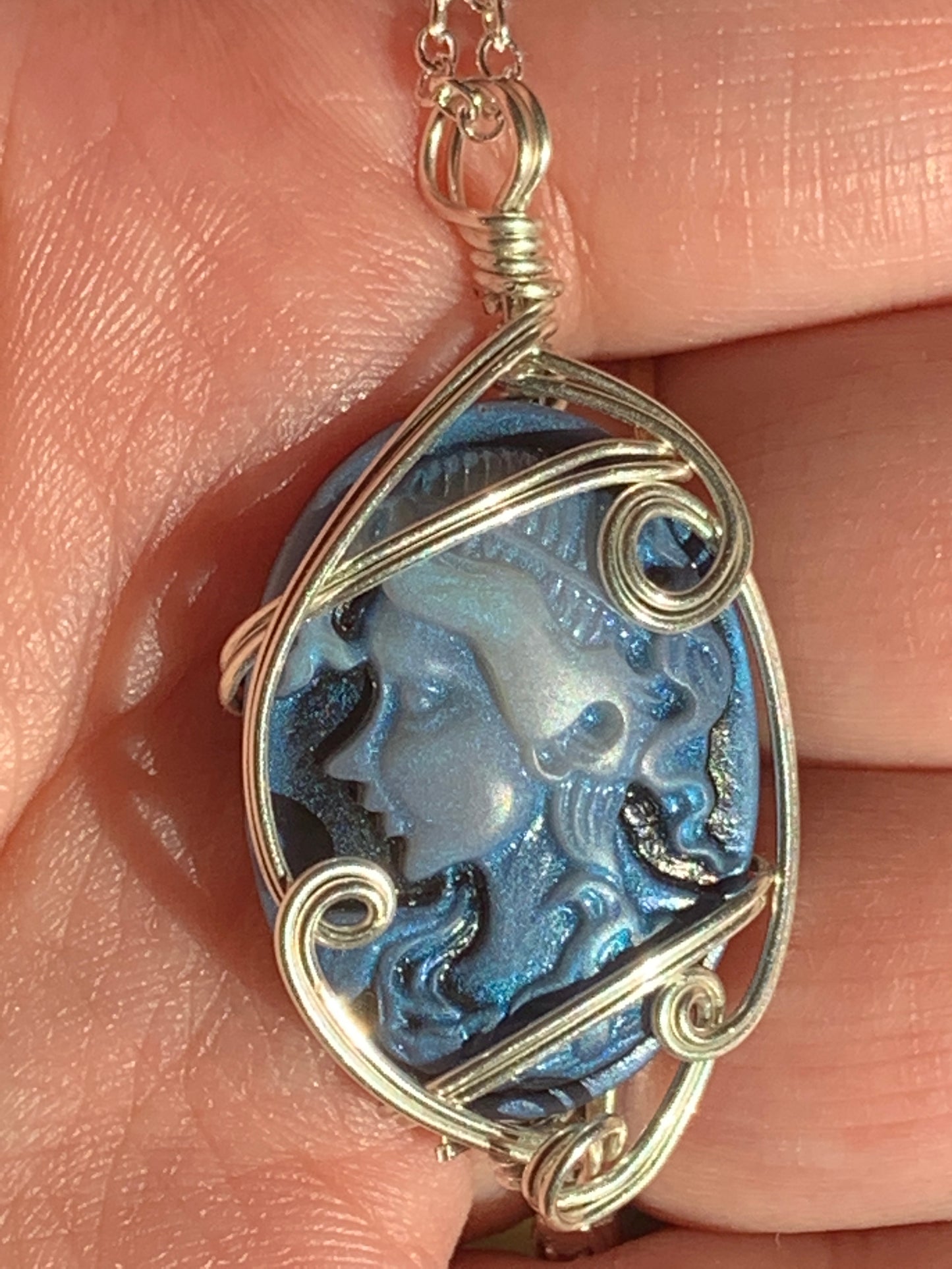 Sterling Silver Blue Vintage Antique Cameo Pendant