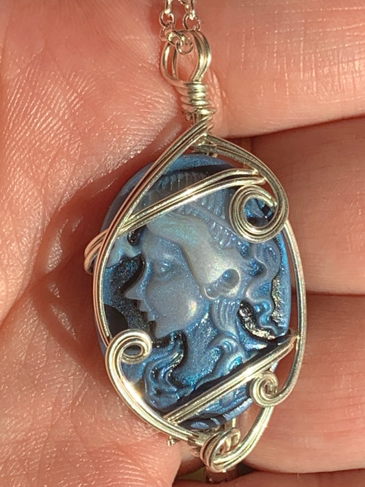 Sterling Silver Blue Vintage Antique Cameo Pendant