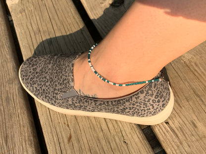 Teal and White Seed Bead Ankle Bracelet