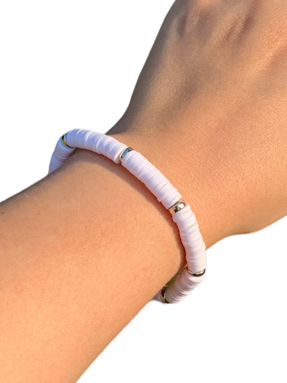 White and Gold | White and Silver Accent Polymer Clay Elastic Surfer Bracelet
