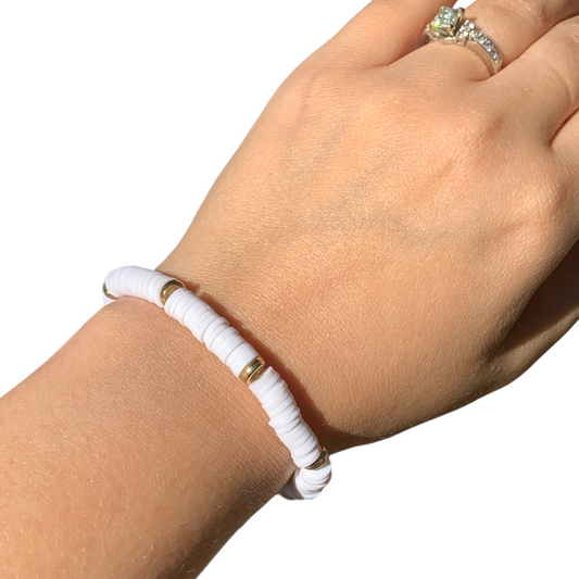 White and Gold | White and Silver Accent Polymer Clay Elastic Surfer Bracelet