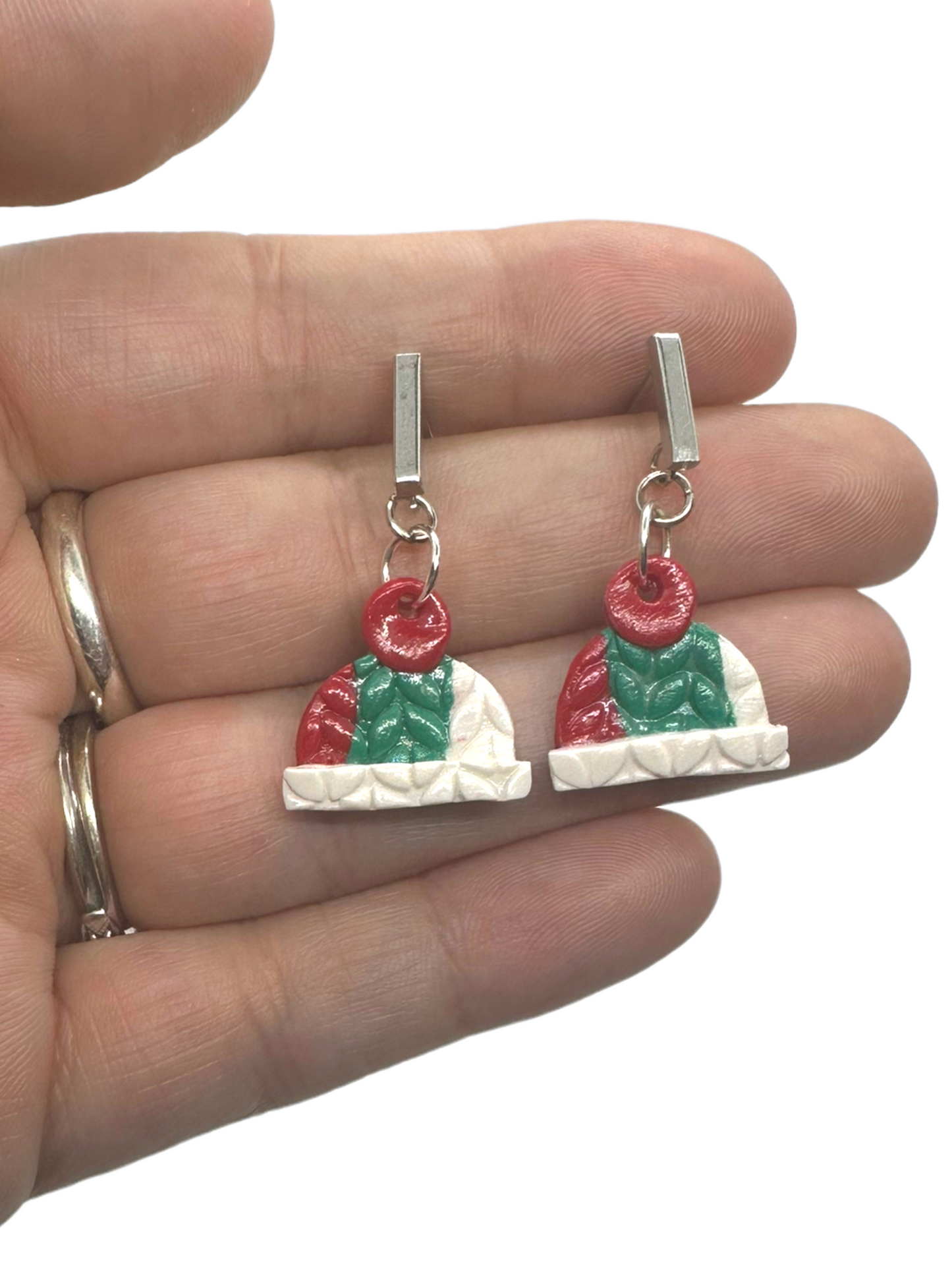 Hypoallergenic Red/Green/White Christmas Beanie Dangle Clay Earrings