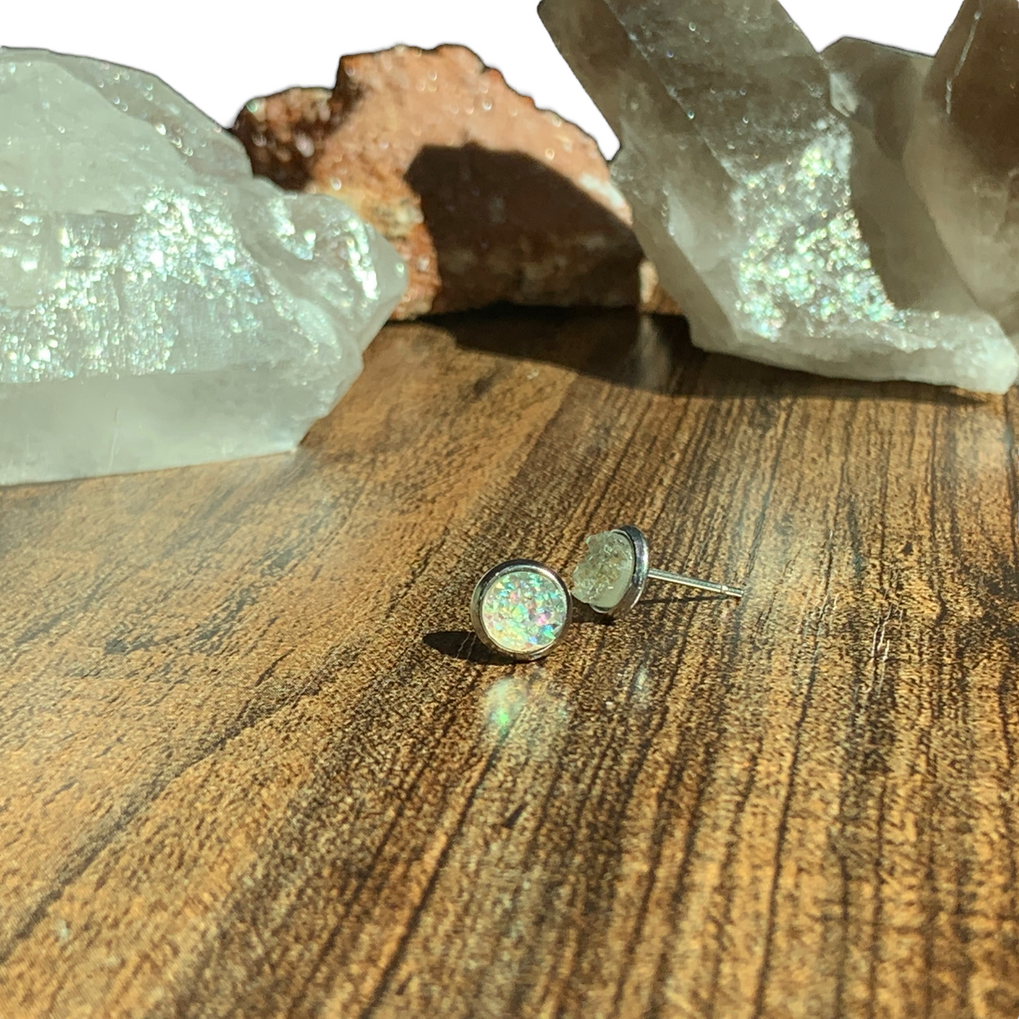 6MM Hypoallergenic Clear Iridescent Druzy Earring Studs