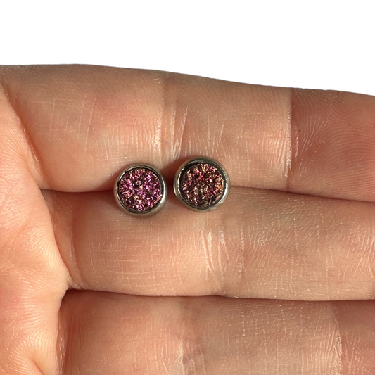 6MM Hypoallergenic Magenta Gold Druzy Earring Studs