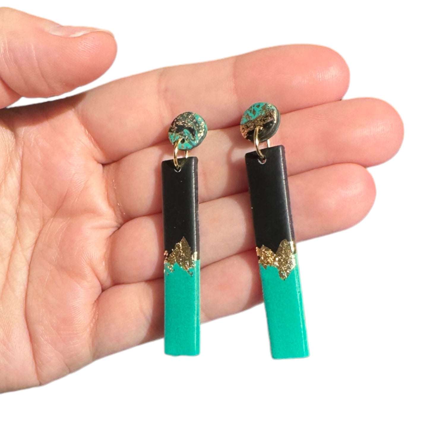 Hypoallergenic Black and Green with Gold Leaf Rectangle Clay Dangle Earrings