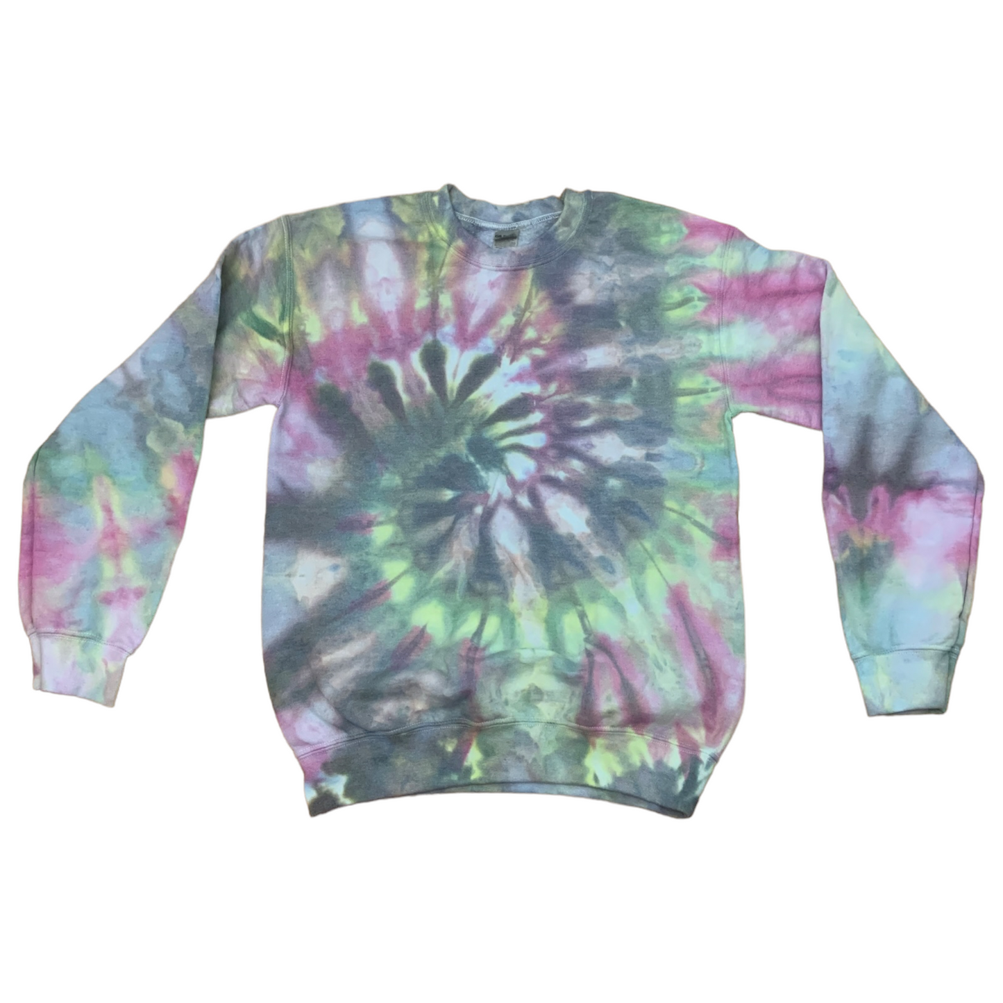 Adult Small Pastel Green Black Purple Spiral Ice Tie Dye Crewneck Sweater