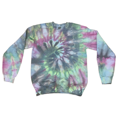 Adult Small Pastel Green Black Purple Spiral Ice Tie Dye Crewneck Sweater